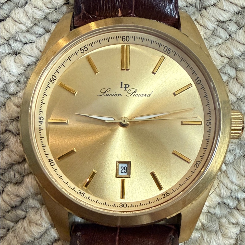 Lucien Piccard Gold Watch with Brown Leather Strap